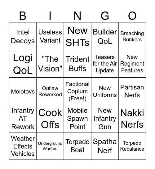 Foxhole Update 59 Devstream Bingo Card