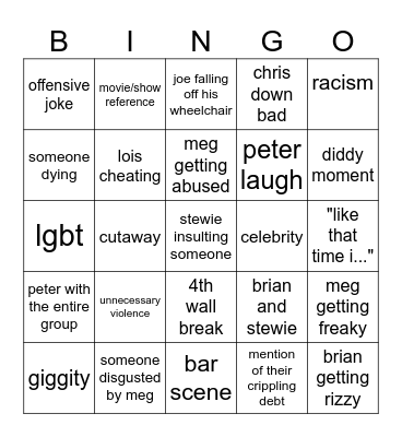 family guy Bingo Card