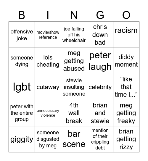 family guy Bingo Card