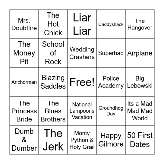 Comedy Movies Bingo Card