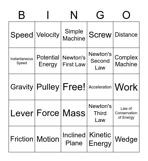 Physics Vocabulary Bingo Card