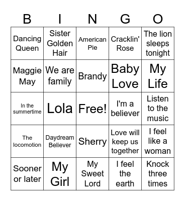 60's and 70's Sing along ? #1 Bingo Card