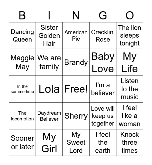 60's and 70's Sing along ? #1 Bingo Card