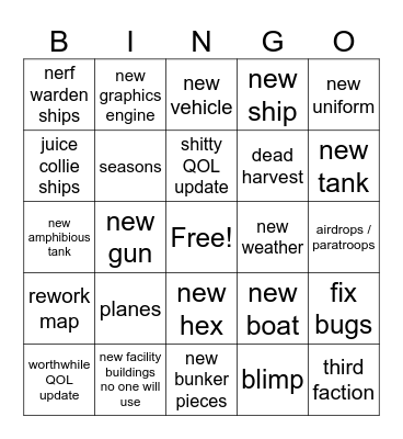 Foxhole Devstream Bingo Card