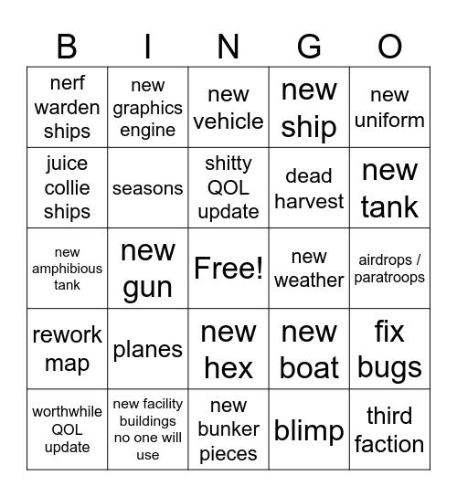 Foxhole Devstream Bingo Card