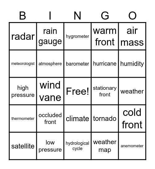 Weather Bingo Card