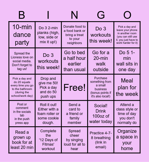 Lioness Fit-mas BINGO Card