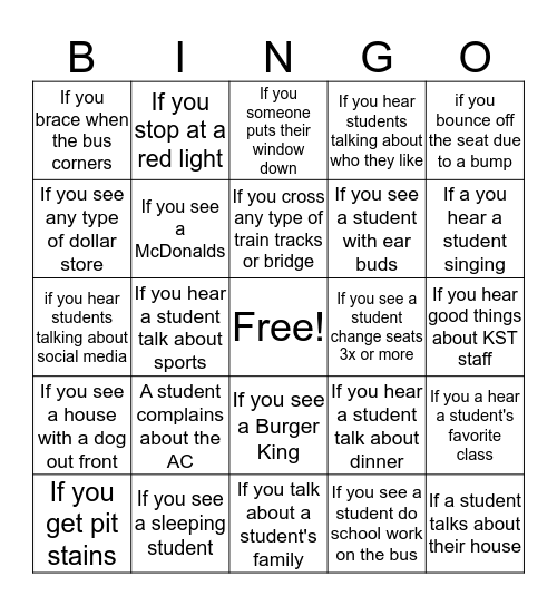 Staff Bus Bingo Card