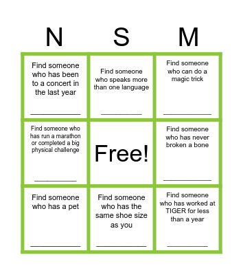 NSM Ice Breaker BINGO Card