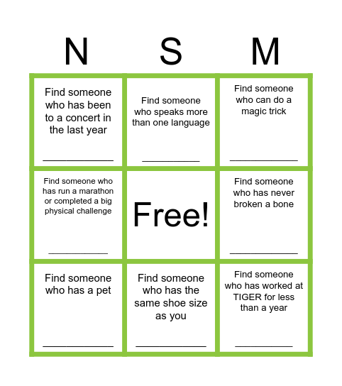 NSM Ice Breaker BINGO Card