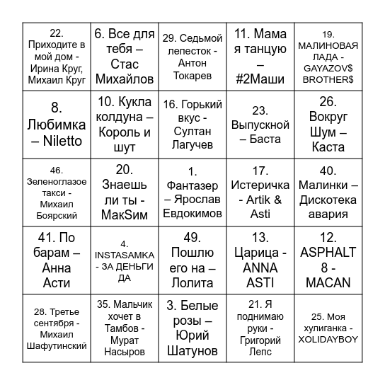 Музыкальное лото Bingo Card