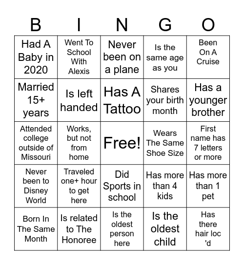 Find The Guest Bingo Card