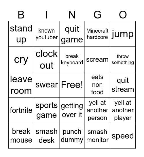 gamer rage bingo Card