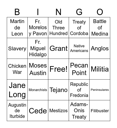 Spanish Colonial & Mexican National Eras Bingo Card