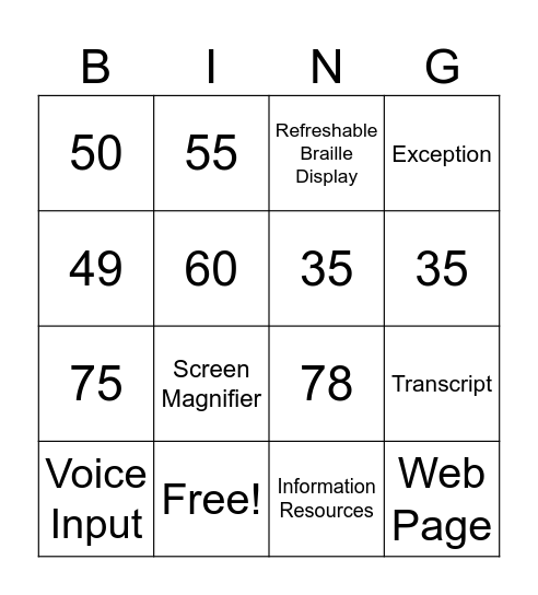 Accessibility Lingo Bingo Card