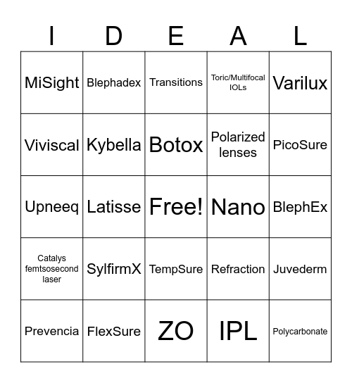 IDEAL EYECARE, EYEWEAR, AND AESTHETICS Bingo Card