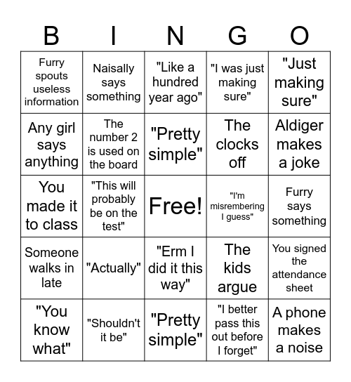 Erm Math class Bingo Card