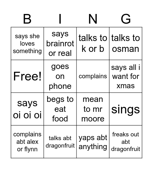 milas bingo Card