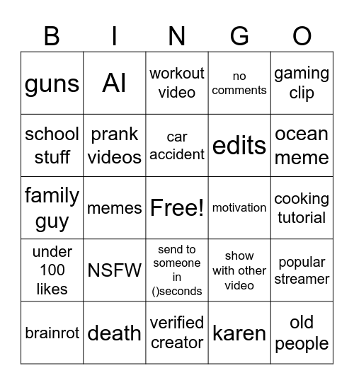 Insta reels Bingo Card