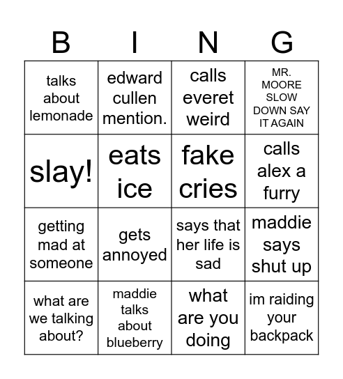 maddie bingo Card