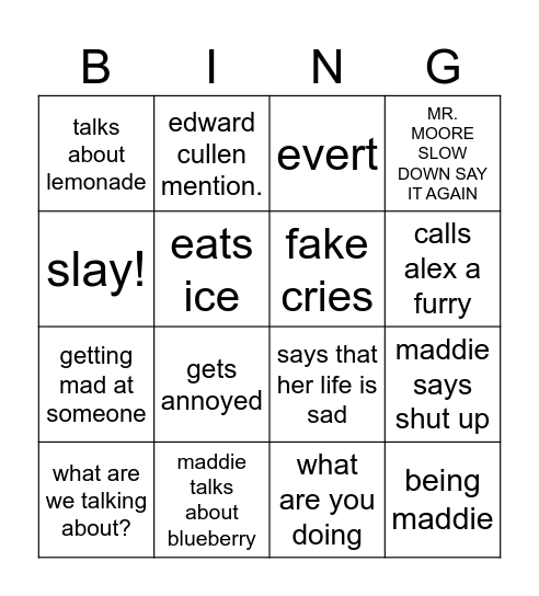 maddie bingo Card