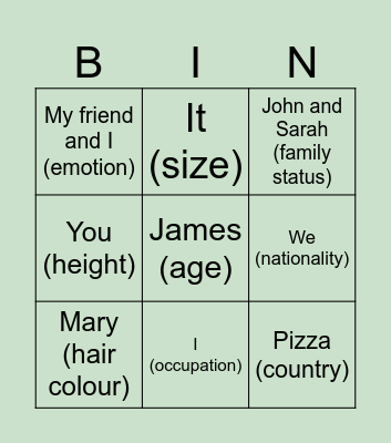 The verb "to be" present simple affirmative Bingo Card