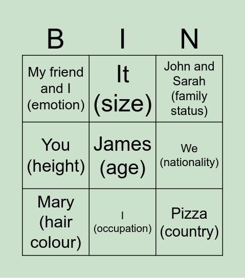 The verb "to be" present simple affirmative Bingo Card