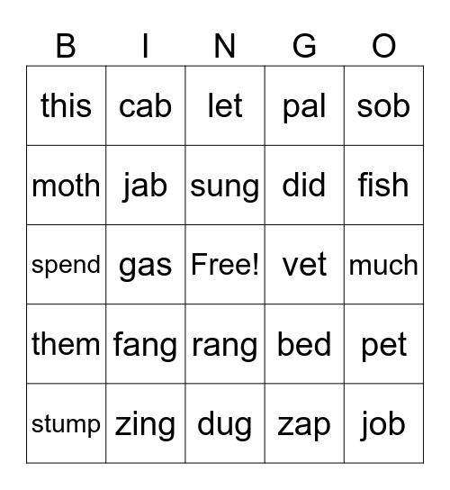 ng, Blends, Digraphs, CVC Bingo Card