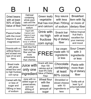 Nutrition Scavenger Hunt  Bingo Card