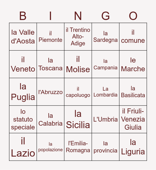 Le regioni dell'Italia Bingo Card