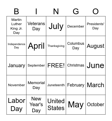 Holidays / Months Bingo Card