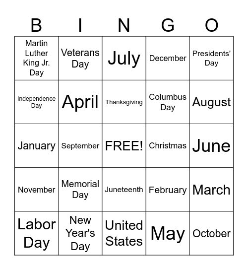 Holidays / Months Bingo Card