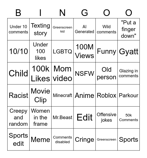 Instagram bingo Card