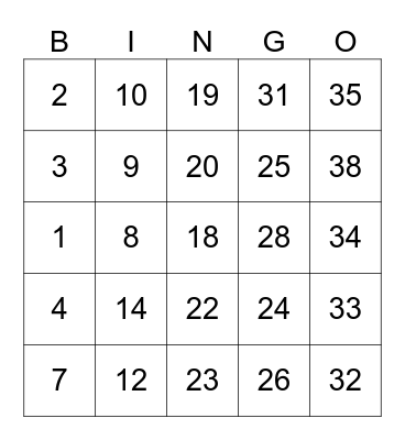 Number Bingo Card