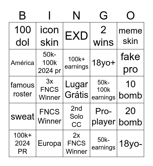 FORTNITE BINGO Card