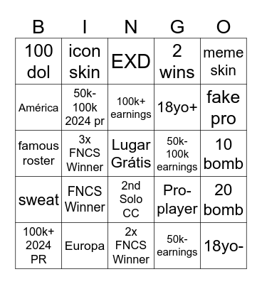 FORTNITE BINGO Card