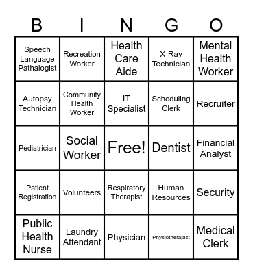 Health Care Careers Bingo Card