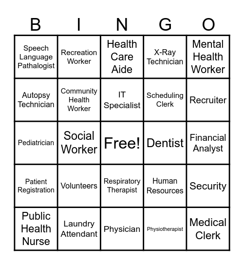 Health Care Careers Bingo Card