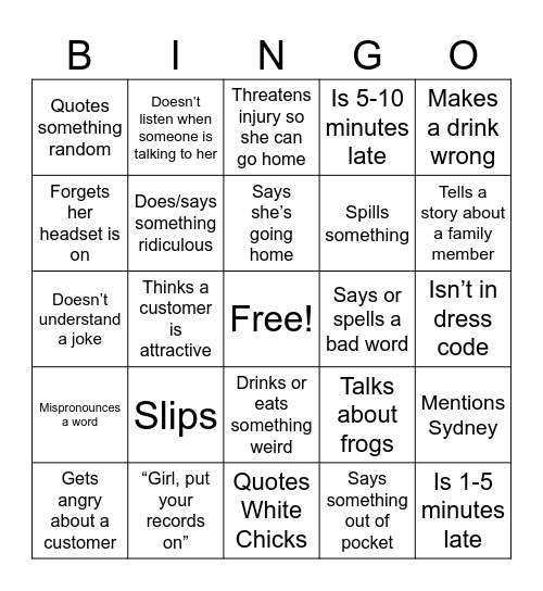 PJ Bingo Card