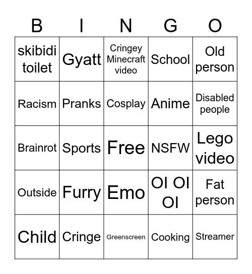 Cringe tiktok videos Bingo Card