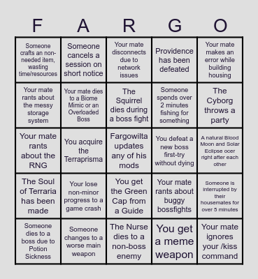 Terraria Bingo for Jon Arbuckle Bingo Card