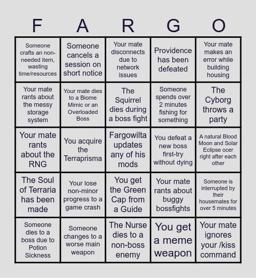 Terraria Bingo for Jon Arbuckle Bingo Card