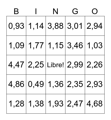 Multiplication des nombres décimaux Bingo Card