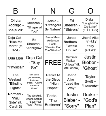 Pop/R&B Hits Bingo Card