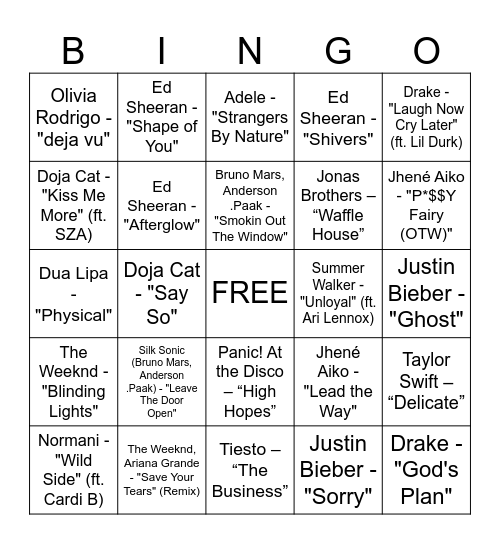 Pop/R&B Hits Bingo Card