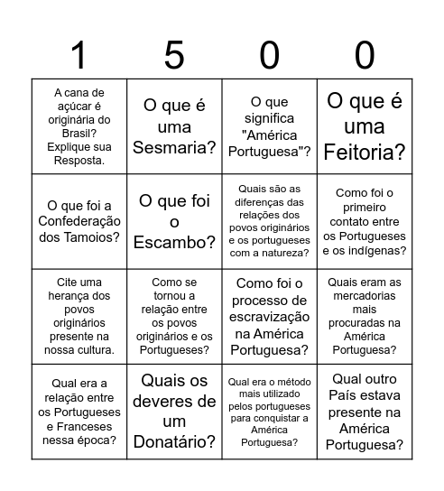 Bingo Colonização da América Portuguesa Bingo Card