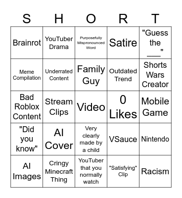 YouTube Shorts Bingo Card