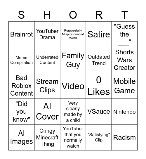 YouTube Shorts Bingo Card