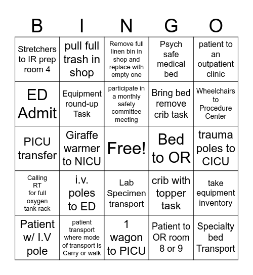 Transport Bingo Card