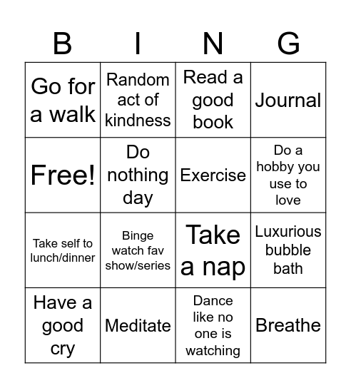 Self-Care Bingo Card